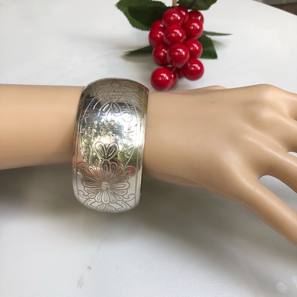 Large Silver Bangle Bracelet Engraved - image 4